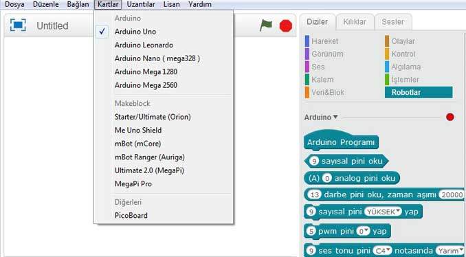 Mblock ile Arduino Kart Seçimi