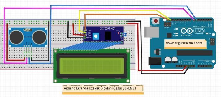 Arduino LCD Ekranda Uzaklık Ölçelim Uygulaması Devresi